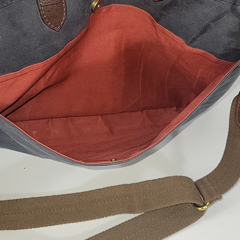 Men's JCrew Waxed Canvas Bag in Blue with Brown Leather Trim Messenger Bag
